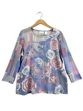 Alfred Dunner Tunic Top Roses Pink Blue Crystal Embellished L 3/4 Sleeves Spring